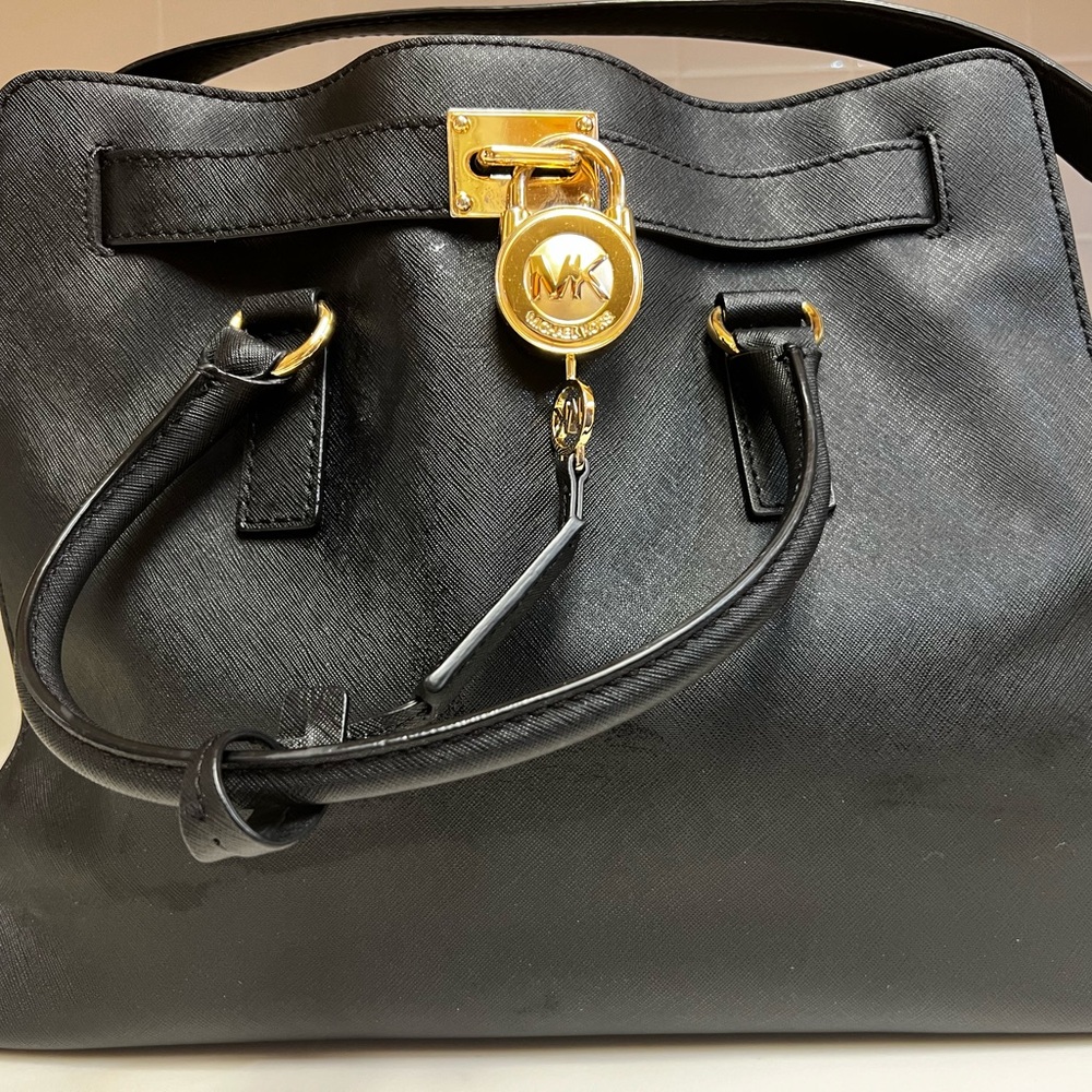 Michael Kors Hamilton Medium Black Saffiano Leather Satchel Bag in EUC